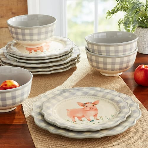 The Pioneer Woman Gingham Grey 12-Piece Dinnerware Set