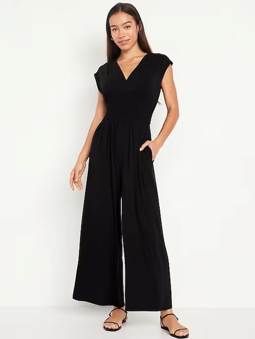 Waist-Defined Shirred Jumpsuit