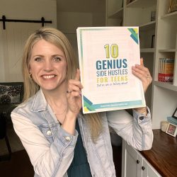 Crystal Paine holding printable 10 Genius Side Hustles for Teens list