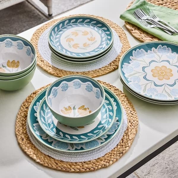 Better Homes & Gardens 12-Piece Bamboo Melamine Green Floral Dinnerware Set only $19.97!