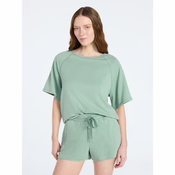 Joyspun Women's French Terry Lounge Sleep Short Sleeve Top and Shorts Set, 2-Piece deal