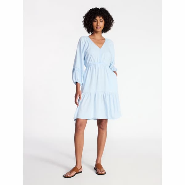Time and Tru Women's Tiered Mini Dress with ¾ Sleeves deal