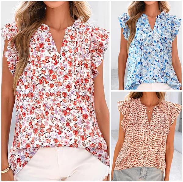 Ruffle Sleeve V-Neck Floral Blouses only $8.99!
