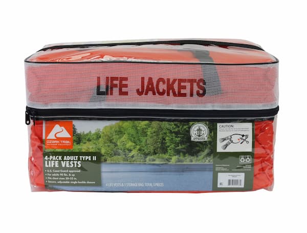 four life jackets in storage bag