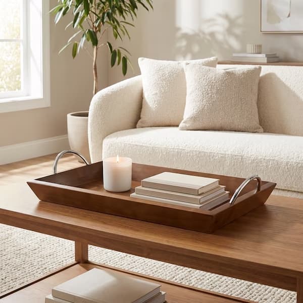 Mainstays Wooden 18 in x 10 in Tabletop Tray with Chrome Handles deal