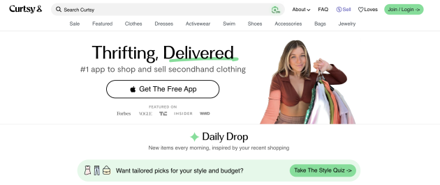 Curtsy homepage with the headline "Thrifting, Delivered" beside a woman holding several clothing hangers and a button to download the app.