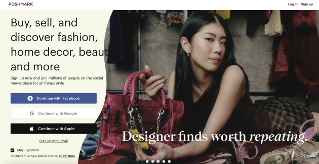Poshmark homepage showing a woman holding a red designer handbag with the headline "Designer finds worth repeating."