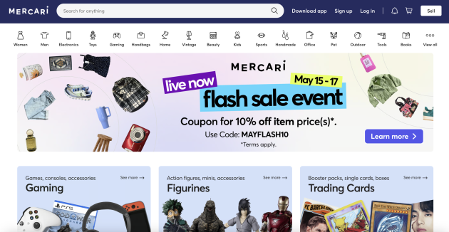 Mercari homepage featuring a flash sale banner surrounded by product categories including gaming, figurines, trading cards, clothing, and home goods.