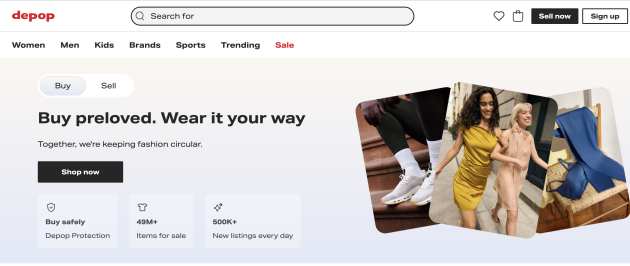 Depop homepage with the headline "Buy preloved. Wear it your way" beside fashion photos and a button to shop. The reselling app focuses on secondhand clothing and fashion from individual sellers.