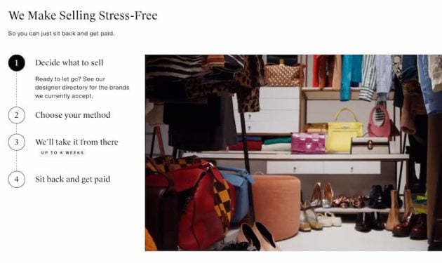 The RealReal selling page explaining a four step process that includes deciding what to sell, choosing a selling method, letting the company handle the sale, and getting paid.