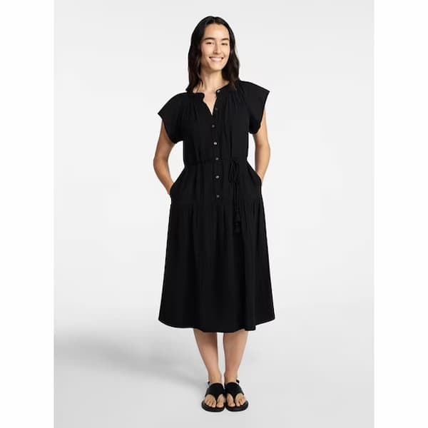 Time and Tru Abito Midi da Donna in Panno Doppio di Cotone con Maniche Corte Svolazzanti