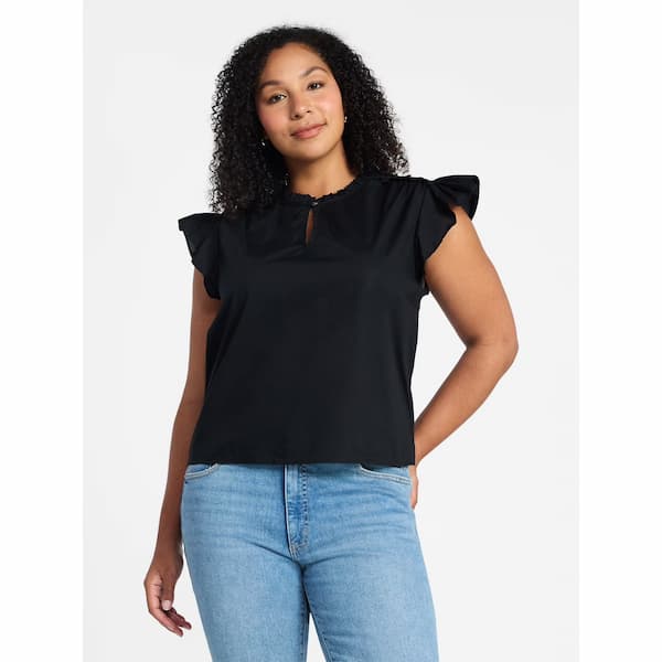 Time and Tru Women's Cotton Split Neck Top with Flutter Sleeves,