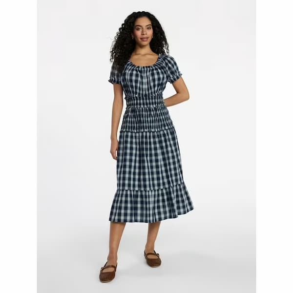 Time and Tru Women's Smocked Cotton Peasant Dress with Short Sleeves deal