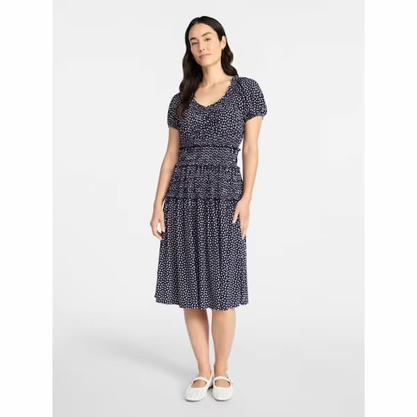 Time and Tru Women's Smocked Midi Dress with Short Puff Sleeves deal