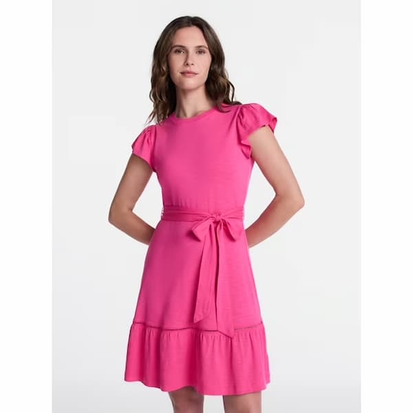 Time and Tru Miniabito da donna e da donna Plus con cintura e maniche svolazzanti