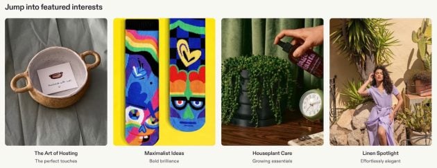 Etsy homepage featuring collections for hosting, colorful artwork, houseplant care, and linen clothing under the heading "Jump into featured interests."