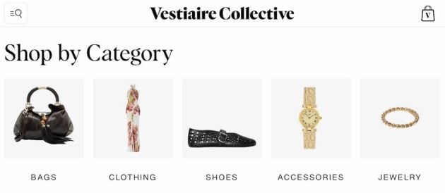 Vestiaire Collective Shop by Category page featuring bags, clothing, shoes, accessories, and jewelry with product images for each category.