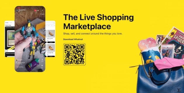 Whatnot homepage with a bright yellow background promoting "The Live Shopping Marketplace" beside a smartphone showing a live stream, a QR code, and collectible items including trading cards and a designer handbag.