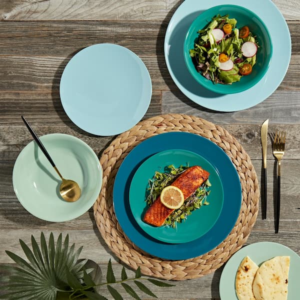 Tabletops Gallery 12 Piece Green Teal Blue Melamine Dinnerware Set