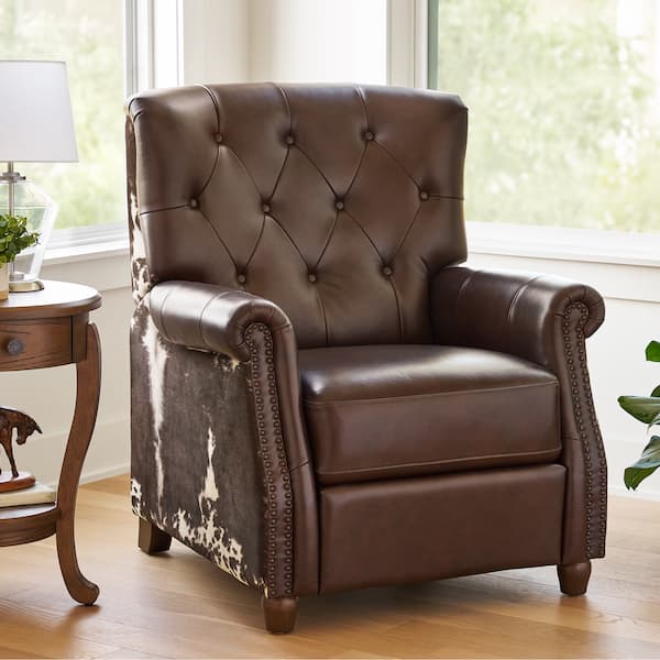 The Pioneer Woman Harper Pushback Leather Recliner with Whiskey & Faux Cowhide Upholstery