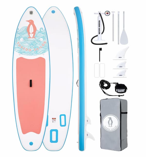 tuxedo sailor paddle board with penguin