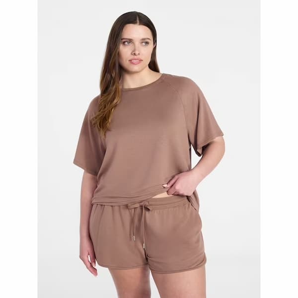 Joyspun Women's French Terry Lounge Sleep Short Sleeve Top and Shorts Set, 2-Piece deal
