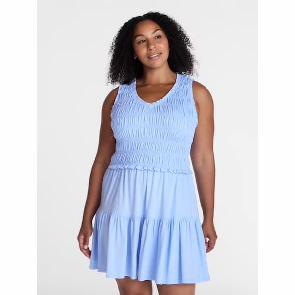 Time and Tru Women's Smocked Sleeveless Mini Dress with Ruffle Trim