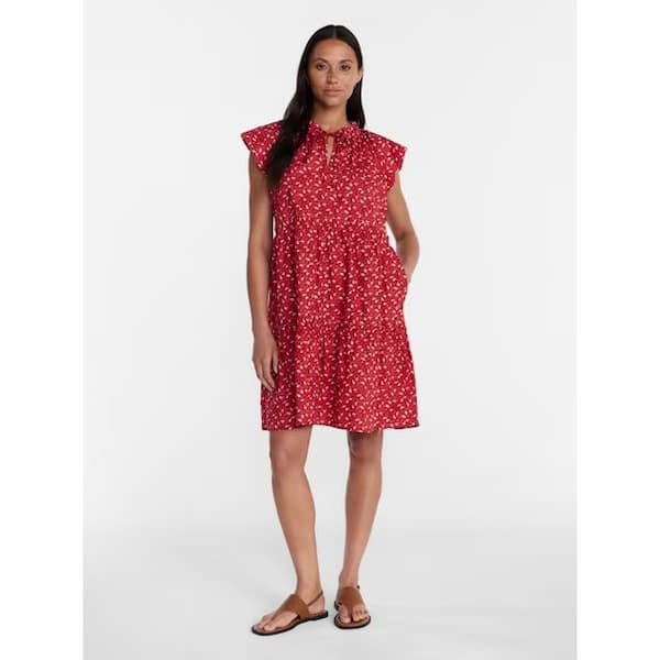 Time and Tru Women's Tiered Cotton Mini Dress with Flutter Sleeves deal