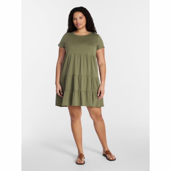 Time and Tru Women's Tiered Cotton Mini Dress with Short Sleeves