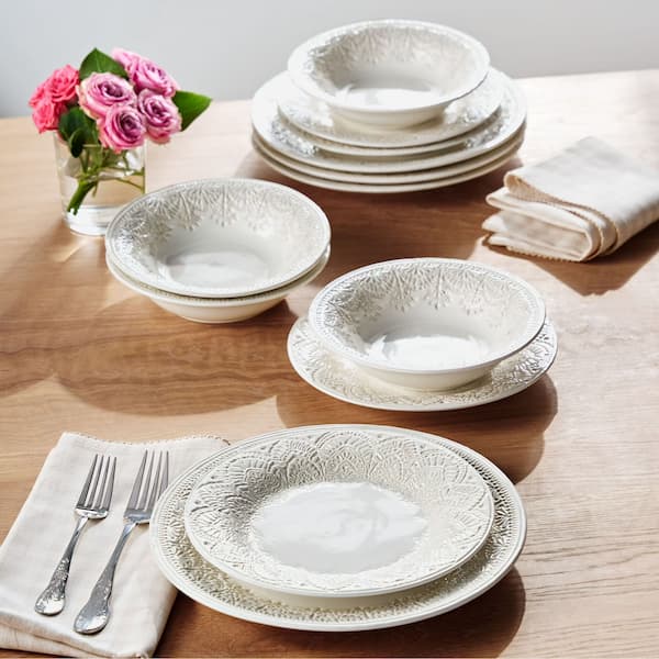 The Pioneer Woman Vintage Lace 12-Piece Ceramic Dinnerware Set, Linen, Set for 4