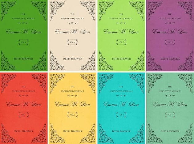 Eight colorful covers of The Unselected Journals of Emma M. Lion by Beth Brower arranged in two rows.